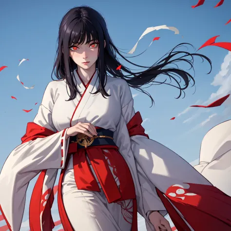 work of art, best qualityer, ultra detali, 1 girl, aged up_High above, standing alone, looking ahead at viewer, you, Bblack hair, long black hair hime cut, Japanese miko costume, close-High above, pretty detailed eyes, detailedeyes, super detailed eyes, be...