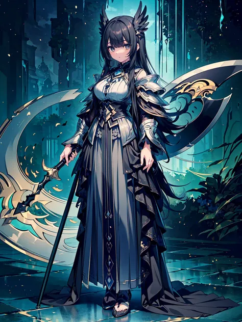 (((masterpiece, best quality, high detailed, 16k))) (1girl) A solemn and serene woman with long, flowing black hair and soft silver eyes. She wears a dark, ethereal armor that seems to be woven from shadows. Her black wings are enormous and majestic, and s...