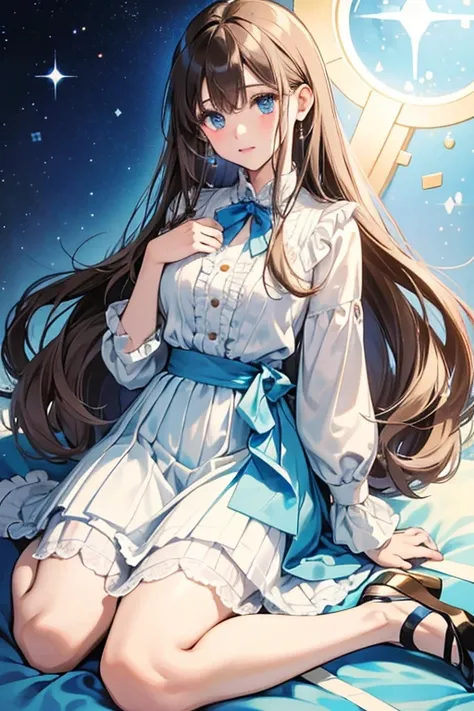 Seina has a fair complexion and gentle slanted blue eyes. Her long light brown hair is worn loose, with chest-length forelocks and thick bangs. Her basic/starter outfit consists of white blouse with frilly buttoned strip, paired with a light blue skirt tha...