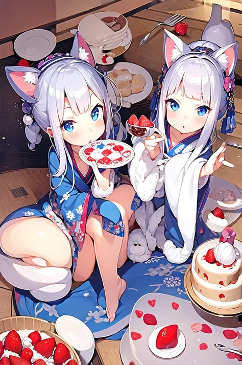 masterpiece, Highest quality, Silver Hair,  blue eyes, Wearing a kimono, Little, cake, Animal ears, cutlery, strawberry,