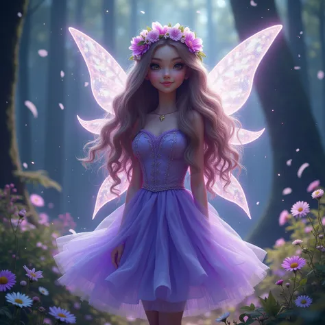 Hologram Shot、(Photorealism:1.2), Beautiful 1 forest fairy,Full Body Focus , She has long shiny hair and skin, Curly hair and a flower crown on her head, She has a very detailed and super intricate face and a cute smile, Beautiful purple dress, fluffy, sof...