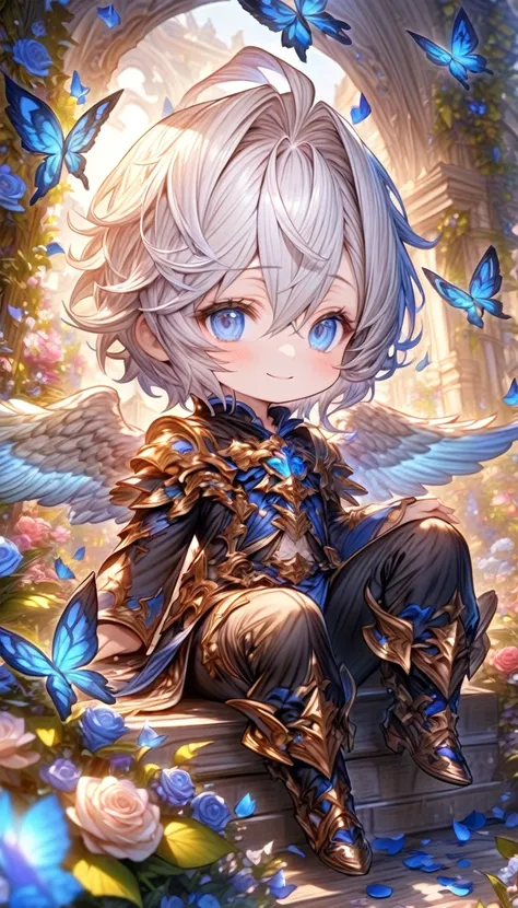 absurdres, highres, ultra detailed, HDR, master piece, best quality, Lucifer chibi, white hair, hair between the eyes, expressive blue eyes, short hair, Granblue Fantasy, solo, boy, male, chibi, cute, adorable, sitting, archangel, angel wings, black clothe...