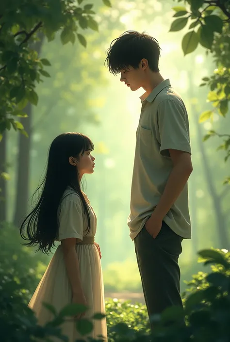 Give me a picture of a young girl with long black hair talking to a tall young man 