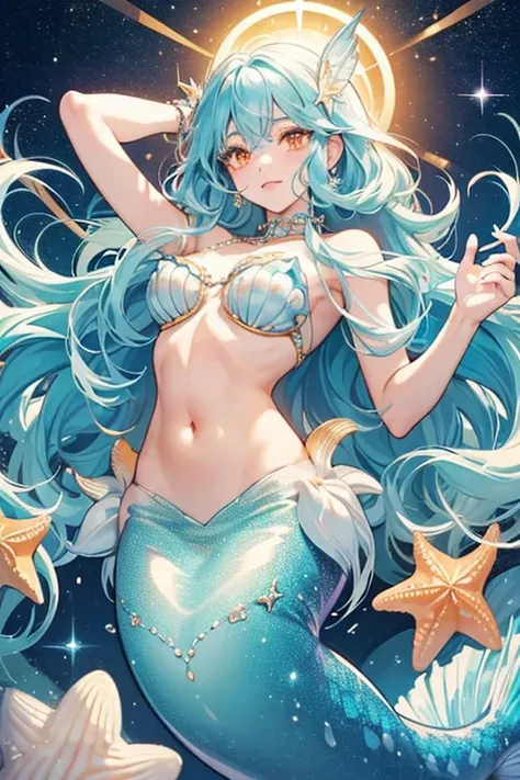 Tear has a light complexion with slanted orange eyes and tiny lashes. Her long, fluffy hair is cerulean and loosely flows around her. Her body and hair are decorated with pearl chains, clams and starfish. She has sky blue nails and a sky blue shimmering me...