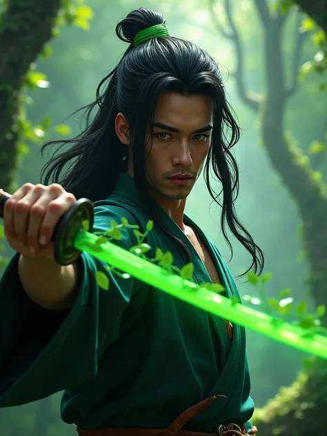 A man with long black hair with green tips using a green katana with plants 