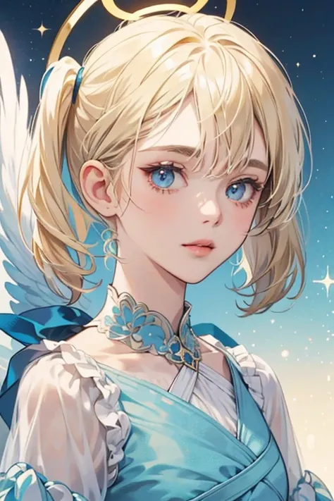 Prid has a light complexion with cerulean eyes and short blonde hair framing her face with a small amount pulled into pigtails. Her bangs have a small corner split. She has a gold halo and pale blue feathered wings. SPARKLE; GLITTER