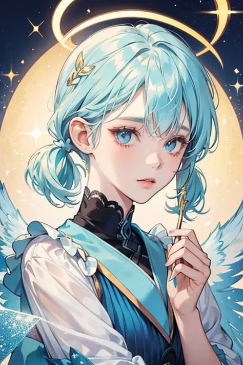 Prid has a light complexion with cerulean eyes and short blonde hair framing her face with a small amount pulled into pigtails. Her bangs have a small corner split. She has a gold halo and pale blue feathered wings. SPARKLE; GLITTER