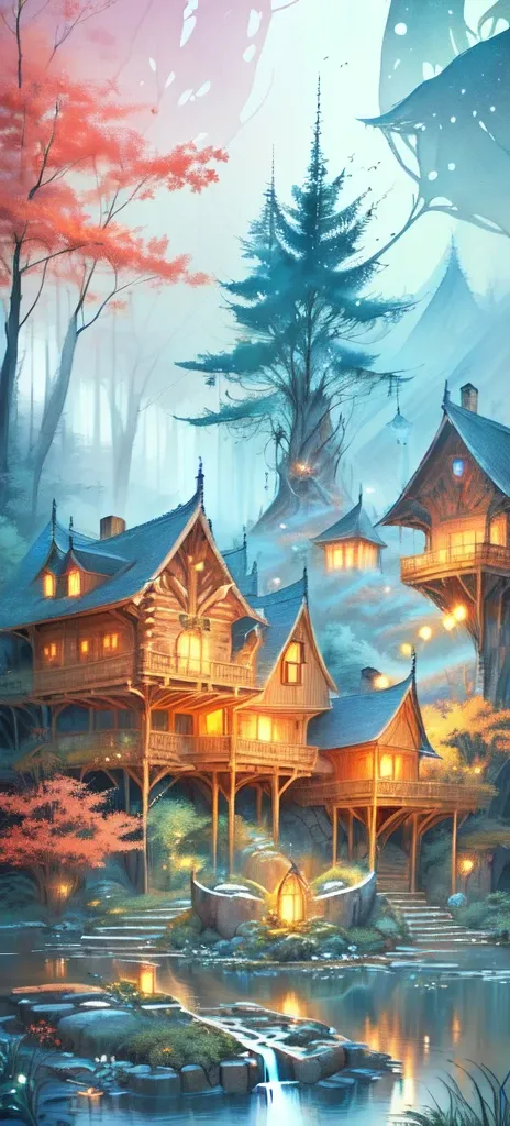 giant wood、log house on the tree、balloon、dragon、forest、green、moss、vine、fantasy, high resolution for incredible depth and detail,...