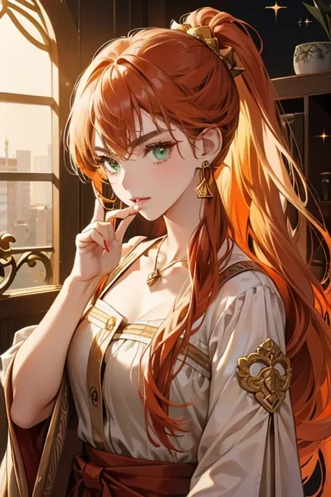 Ame has a fair complexion with green eyes and stubby eyebrows. Her long brunette hair has an orange ombre and is worn in a large bun resembling a bow, the remainder of hair flowing behind in a ponytail. Her angled bangs are tucked behind her straightened f...