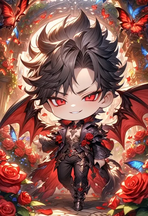 absurdres, highres, ultra detailed, HDR, master piece, best quality, Belial chibi, black hair, expressive red eyes, Granblue Fantasy, demon wings, demon, black clothes, black pants, solo, boy, chibi, male, cute, smirking, fantasy, magical, garden, red rose...