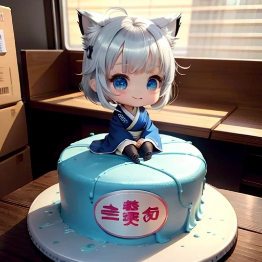 One girl、Cute chibi anime sitting on a cake, Silver Hair、Have cat ears、blue eyes、wear Kimono, smile, The logo looks cheap