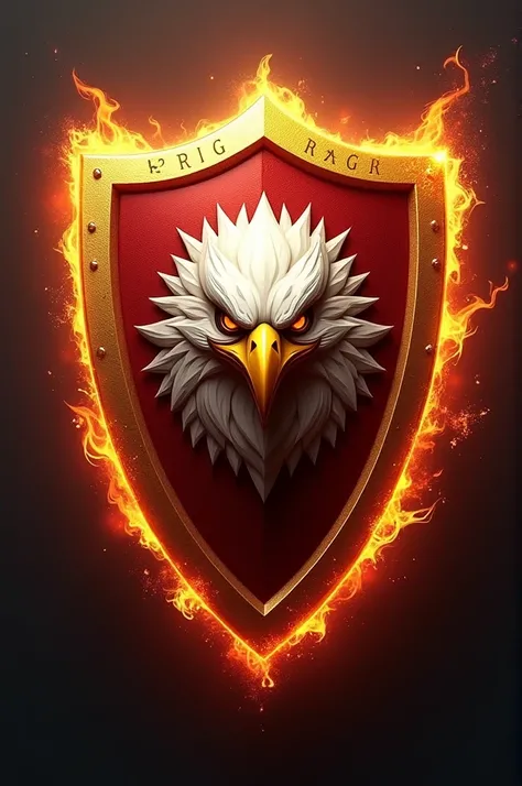 "Create a football shield with a triangular shape in a modern style with 4K resolution. The colors should be gold and red, with fiery details. At the top of the shield, include a banner with the text RNG, and at the bottom, a banner with the text LENDÁRIOS...