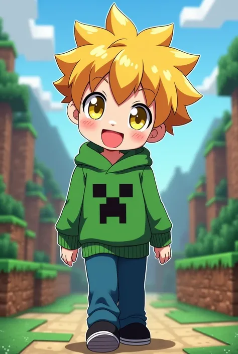 Smiling anime boy with yellow eyes and yellow hair wearing a green sweater with creeper logo with blue pants and black shoes on a minecraft background 