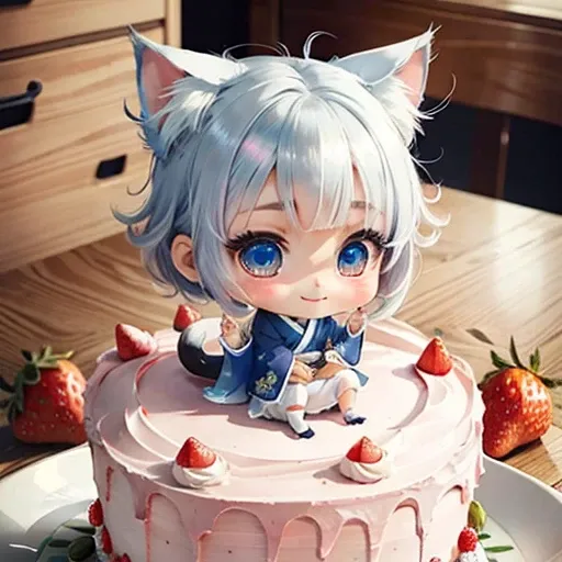 One girl、Cute chibi anime sitting on a strawberry cake, Silver Hair、Have cat ears、blue eyes、wear white kimono, smile, Cat Logo