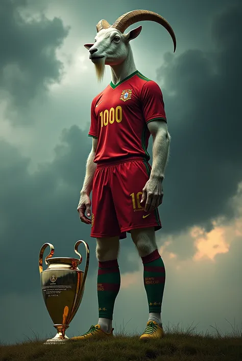 A goat with a human body, backstand in Portugal football uniform, On his back he has the name Ronaldo and below the number 1000. Next to it is a Champions League trophy. 
((masterpiece))
There is a thunderstorm in the background. 
The image is signed by, G...