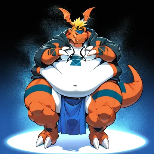 a fat guilmon with thick thighs, overhanging belly, wearing an open black jacket and blue mawashi, blue loincloth, futuristic ti...