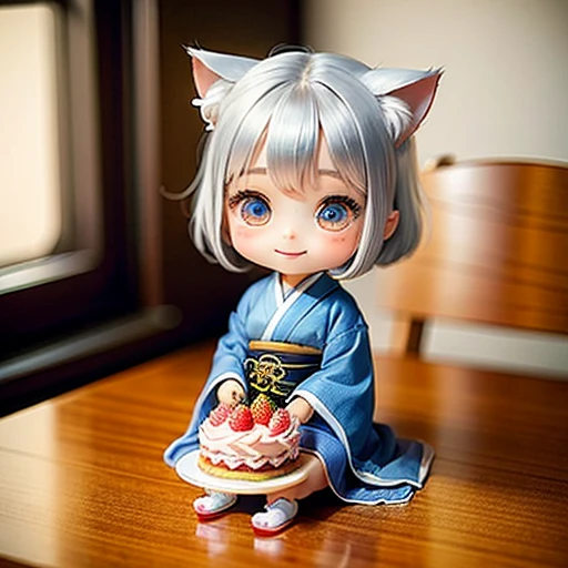 One girl、Cute chibi anime sitting on a strawberry cake, Silver Hair、Have cat ears、blue eyes、wear white kimono, smile, Cat Logo