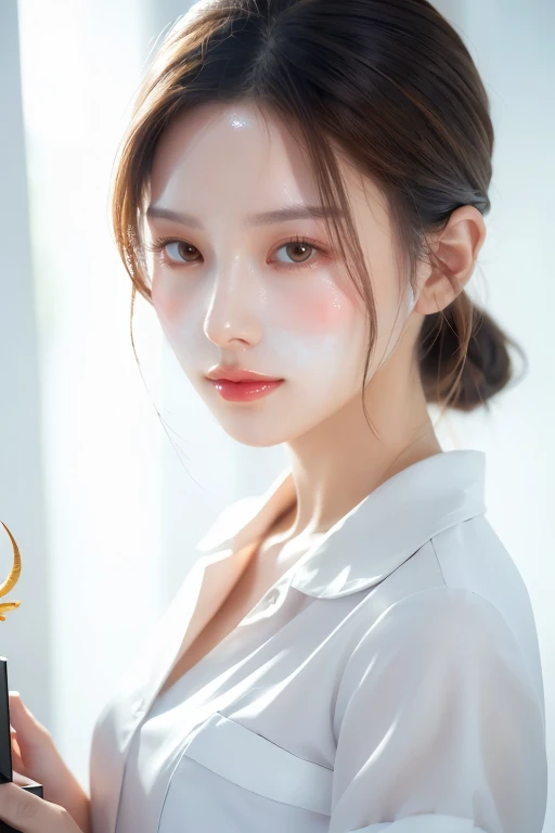 (Tabletop、highest quality、32k、Award-winning works,Ultra-high resolution)、(One beautiful nurse:1.1),(The perfect white nurse uniform:1.1),beautiful hair,Accurate anatomy,(Strongly blurred white background:1.1),(very bright white lighting:1.1),(Close-up of f...