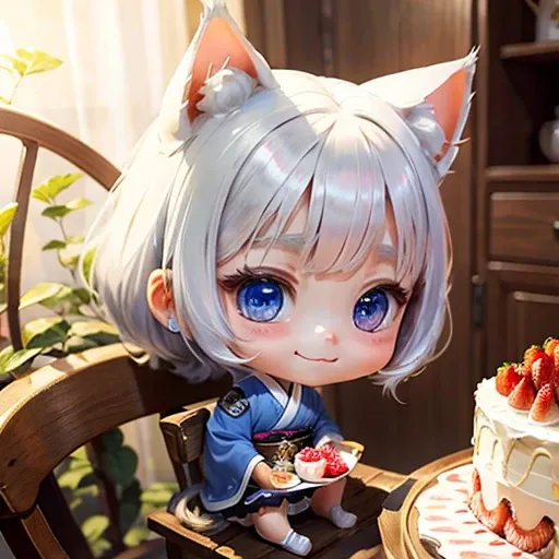 One girl、Cute chibi anime sitting on a strawberry cake, Silver Hair、Have cat ears、blue eyes、wear white kimono, smile, Cat Logo