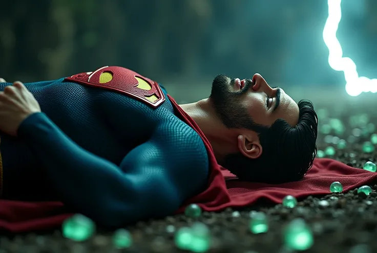 Henry Cavill attractive, muscular, with short beard, dressed in a Superman costume, red belt and red boots, with his head tilted slightly upward and his eyes closed, He lies on the floor, with an expression of pain, along with small bright green crystals t...