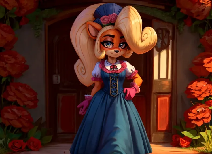 Coco bandicoot,looking at the viewer, blushing, dressed in a victorian era style long dress with a bodice, wearing a big hat, gloves and expensive jewelry, standing in a yard with red roses