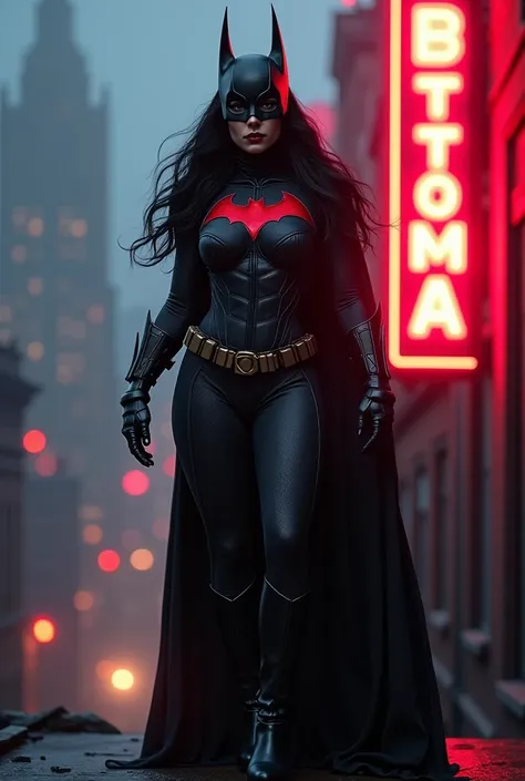 beautiful detailed eyes, beautiful detailed lips, extremely detailed eyes and face, long eyelashes, 1woman, batwoman, superhero, mature, bat mask, black costume, dark brunette long hair, red bat symbol, red gauntlets, red utility belt, red cape, red boots,...