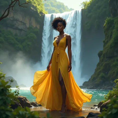 A black girl with short hair and fat body, Golden dress, waterfall, realista fotografia 