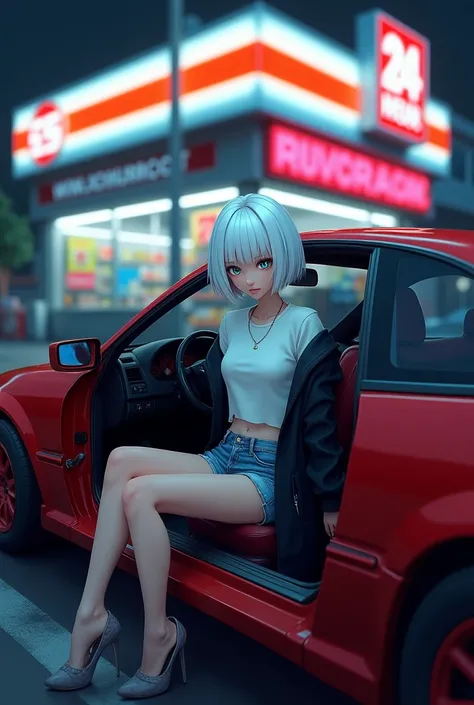 Short white haired anime woman with one green eye and one blue eye sitting in short jean shorts, a white t-shirt and a black jacket in a red Nissan 240sx car at night and in the background a 24-hour store with a futuristic anime style but she is sitting in...