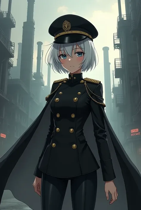 anime girl , SS military black uniform , fullbody, astolfo, with cape , with militar hat , iron city, short withe hair