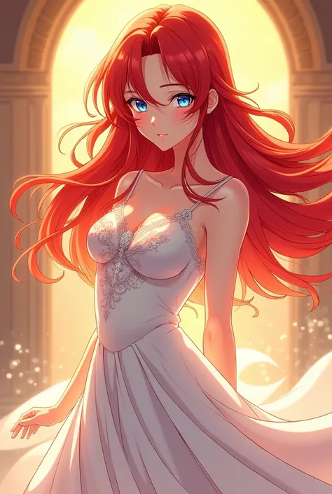 Red hair blue eyes woman long hair white dress anime style, shonen style, shoujou style , full body, anime style, thick outlines, anime style, shonen style, shoujou style , full body, anime style, thick outlines, anime style, shonen style, shoujou style go...