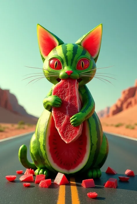 Cat made of watermelon eating a steak in the middle of the road 