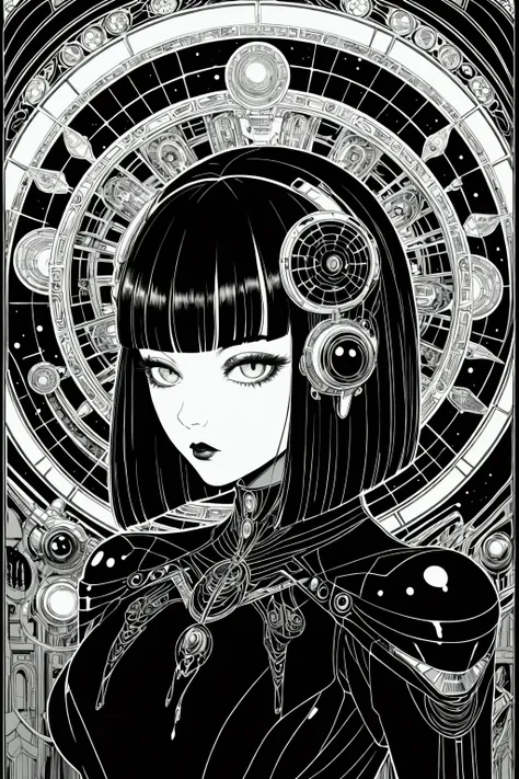 ((best quality)), ((masterpiece)), (detailed), perfect face of cyberpunk mecha japanese girl, shiny black eyes, shiny black body, shiny black hair, ((monochromatic black color palette)), surreal, art nouveau, in the illustrative style of moebius, spaceship...