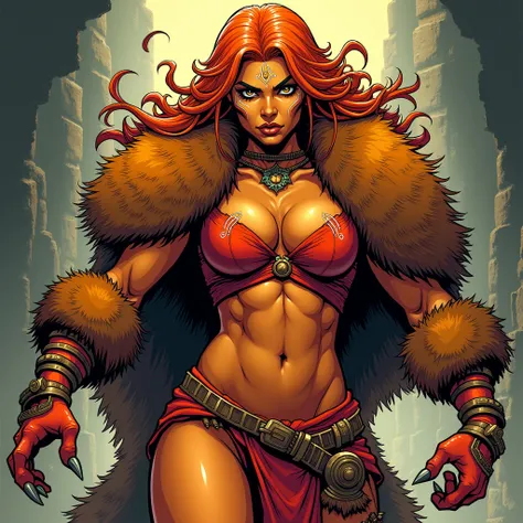 in a dramatic comic book style, richly detailed, illustrate an orc woman with orange skin and covered in matching orange fur, and orange hair. She wears a torn red linen top and a torn red linen pelvic curtain. She has a well muscled physique with large br...