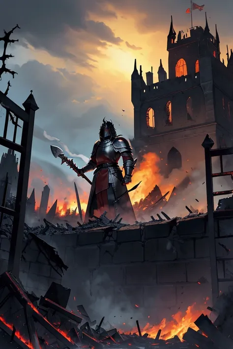 In front of a large, burning medieval castle, a mysterious black knight stands before a pile of bodies of defeated soldiers. The gate is open, revealing more destruction within the walls, as towers crumble in flames. The knight holds a bloody axe, and smok...