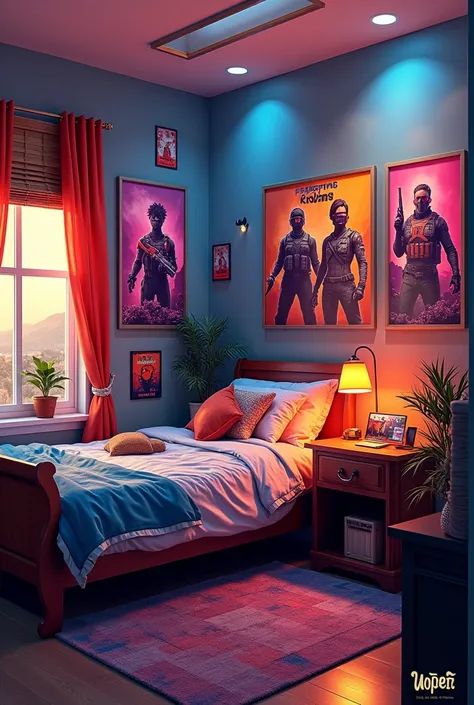 Bedroom arranged in freefire game theme