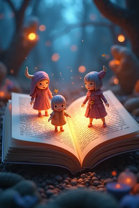 Create the image of a fantasy story book where these stories come out illuminated from the pages of the book with a 3D effect., Use bright and simple colors to give magic and fantasy to the image, tries to make the characters in the story not be creatures,...