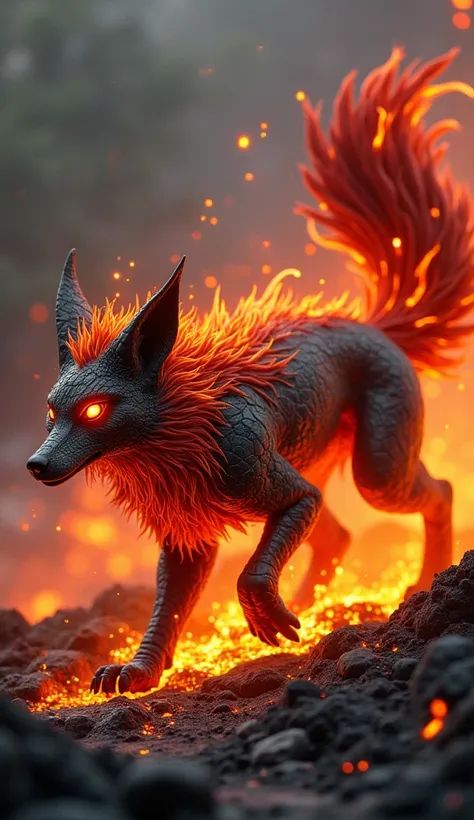 Create a fantastical creature that combines the traits of a fox with the elements of molten lava. This creature should have a sleek, agile body covered in cracked, volcanic rock, with glowing lava pulsating through the fissures. Its fur should be vibrant o...