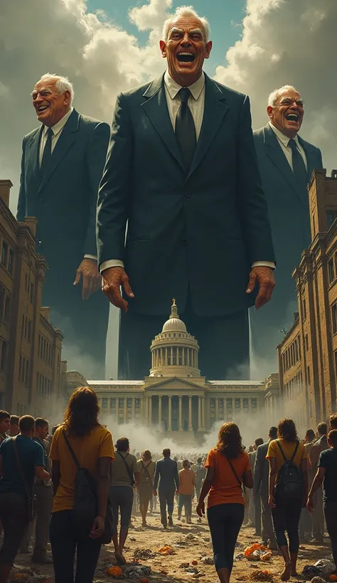 Artistic: A dramatic surrealist painting of a towering government parliament building, overshadowed by enormous, demon-like officials in suits laughing malevolently. Below, tiny, impoverished, shirtless figures scramble for food amidst piles of garbage, th...