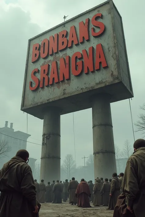 Create a giant sign that says WAR IS PEACE
FREEDOM IS SLAVERY
IGNORANCE IS STRENGTH, in front of that sign there is a group of people in old clothes kneeling in front of the sign