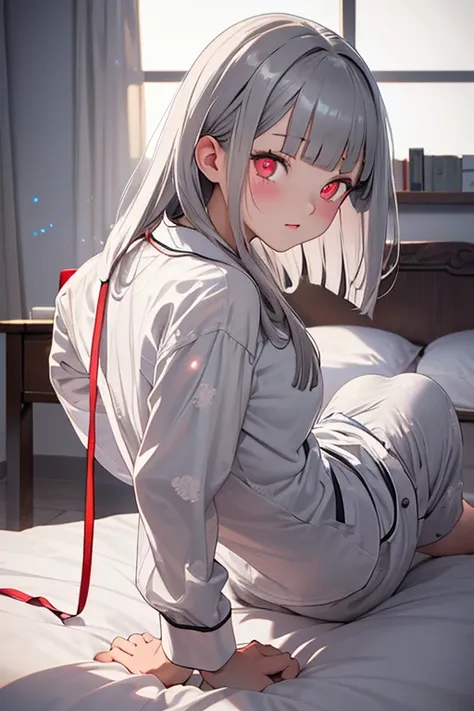 masterpiece, Highest quality, pajamas, bed, on all fours, Adorable expression, Overlooking, Beautiful buttocks, Removed bottoms, Exposure of underwear, turn butt towards the camera, Very detailed, Super Resolution, Realistic, (Gray Hair), (Blunt bangs:1.5)...