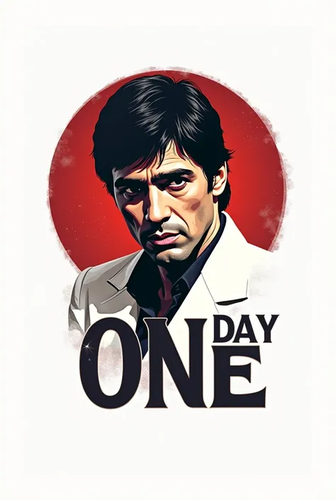 Round barbershop logo that Day One says in big size and Tony Montana appears who looks like Tony Montana with a white background with Scarface complete 



