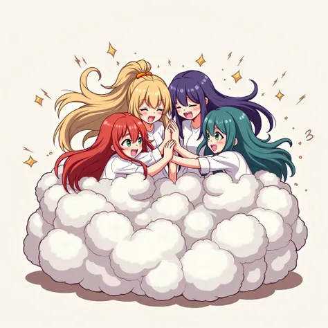 An anime-style illustration depicting many goddnesses playfully wrestling with each other inside a  comical fight cloud.
each goddness has different  colored hair.
their faces,hands,and feet are visible emerging from the cloud as they tussle humorously,  w...