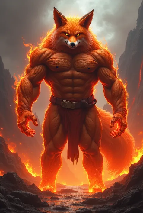 Create a captivating hybrid creature that combines the formidable traits of a lava creature with the cunning characteristics of a fox. This fusion should feature a powerful, towering figure resembling a lava golem, with molten rock and glowing lava coursin...