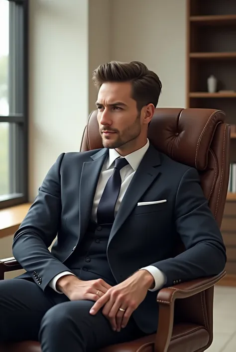 Make a 5 smart and handsome person image who is sitting on a office chair, smiling and thinking something 