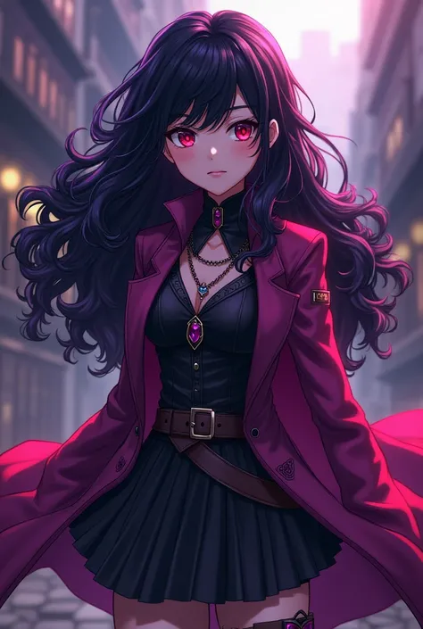 My hero Academia Girl with long black curly hair with purple highlights, Red eyes. With clothes from the demon hunting company