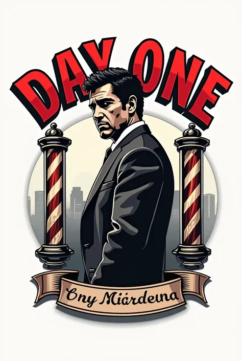 Round barbershop logo that Day One says in big size and Tony Montana appears who looks like Tony Montana with a white background with Scarface full body 




