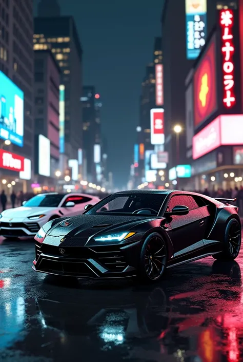 Lamborghini Urus Black and Lamborghini Aventador white, Night a New York, ultra Realistic 8k, Full HD, realism