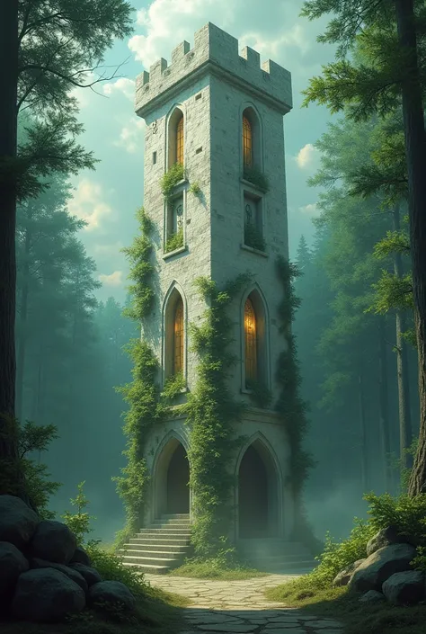 Create a fantasy image depicting the Tower of Magical Studies in the Eldar Forest, an ancient and enigmatic place. to tower deve ser alta, to tower, made of old white stone , half worn by time intertwined with vines, it was a sacred place for the forest wi...