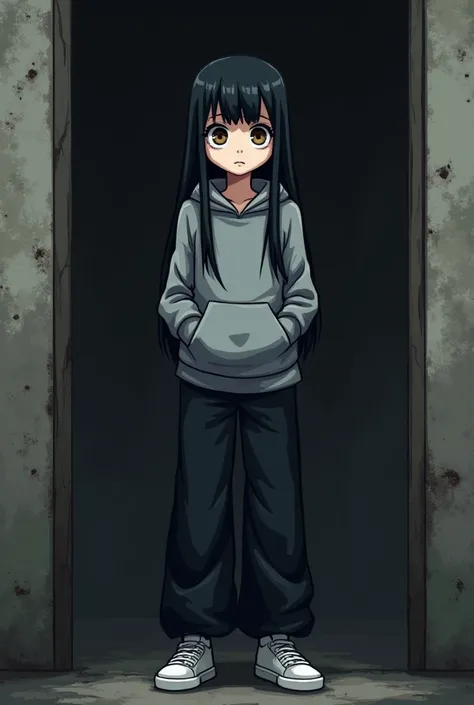 Undertale-style pixel art portrait of a pale, skinny girl with long black hair, brown eyes, and a mature face. She wears wide black pants, a grey hoodie, and white sneakers. The short girl with a small chest looks directly at the viewer, standing in front ...