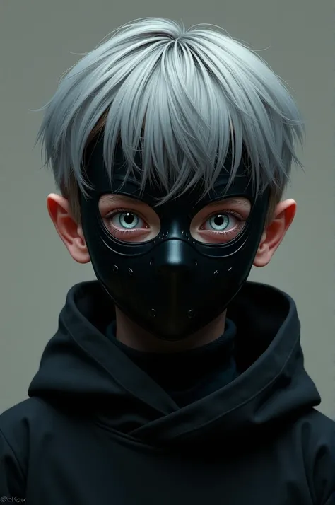 A Boy with Grey hair with a black mask with white eyes